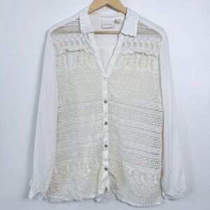 Chicos Sheer Crochet Lace Button Up Top Womens 3 (XL) Cream Boho Coastal